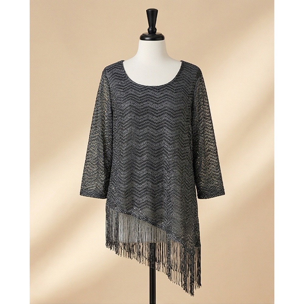 Catherines Womens 2X Black‎ Metallic Chevron Crochet Fringe Asymmetric Tunic NWT
